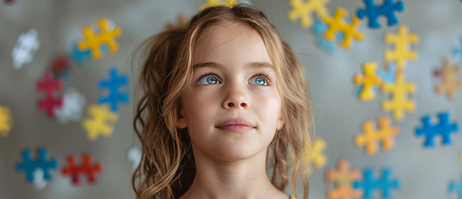 Niña mirando hacia arriba con piezas de puzzle de varios colores de fondo | ¿Qué es el autismo?